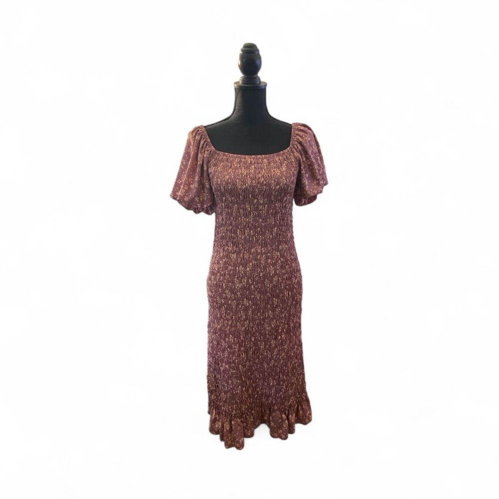 Trixxi Floral smocked body-con Ruffle midi dress Puff short sleeve SZ Large